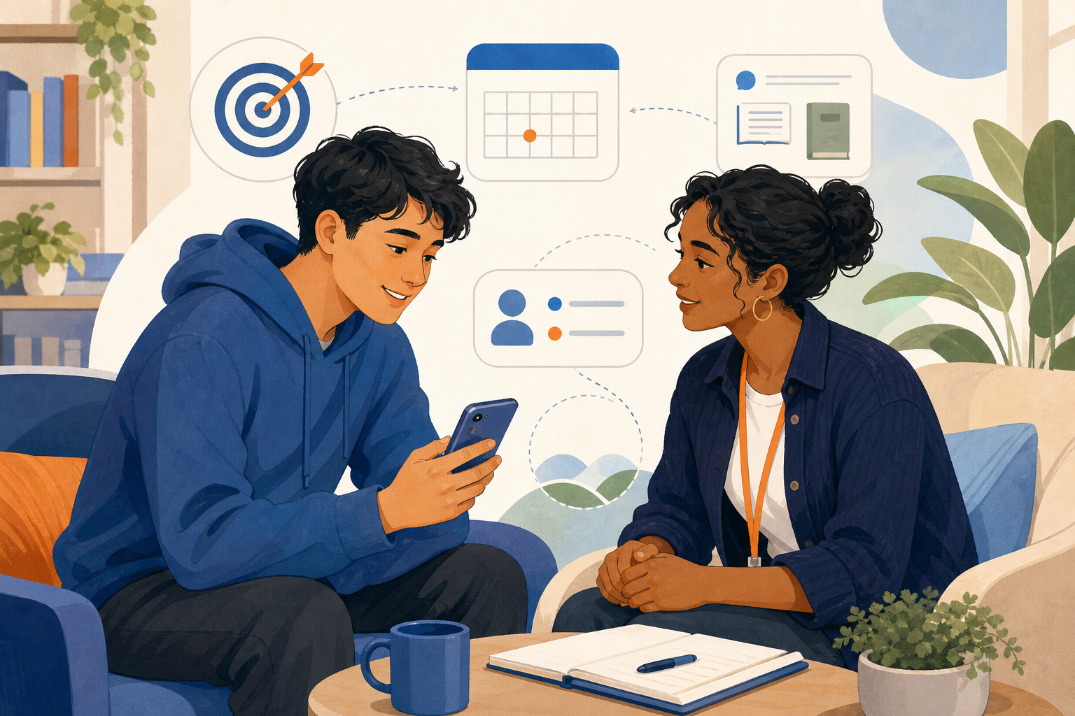 University student using the OneSpace companion app with a student support practitioner