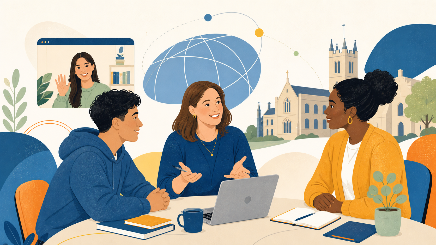 International services for students: an international student, specialist mentor and university staff member talking together, with a remote colleague and campus in the background.