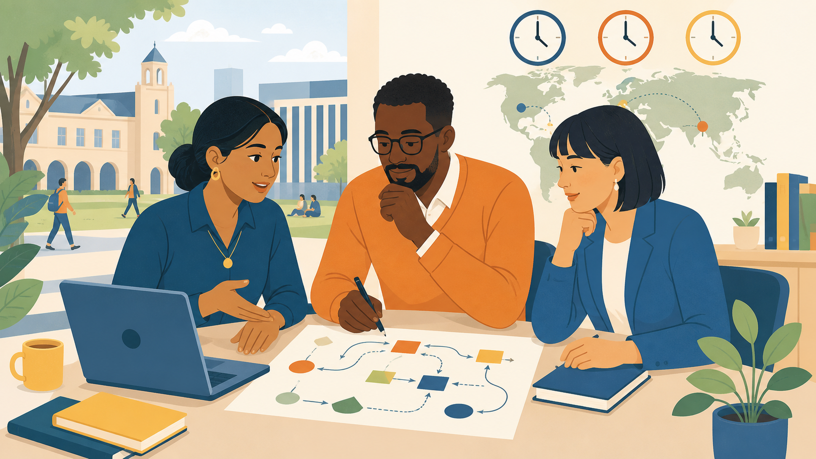 International services planning: university staff and a specialist practitioner mapping an international student-support pathway across campuses and time zones.